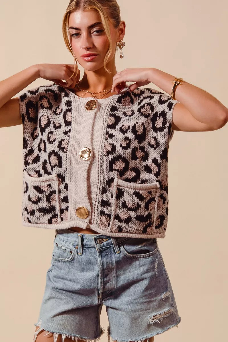 Leopard knit button-front sweater vest with gold buttons