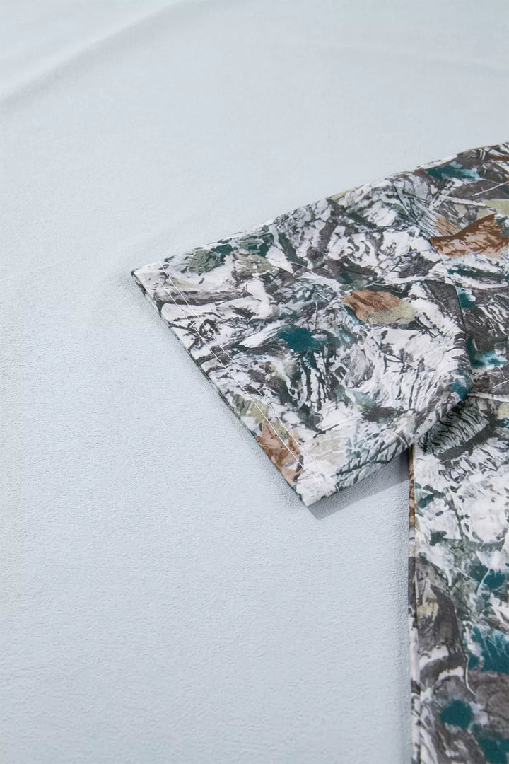 Abstract woodland print henley tunic top with pocket