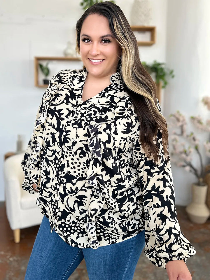 Printed balloon sleeve button-down shirt with ruffle trim