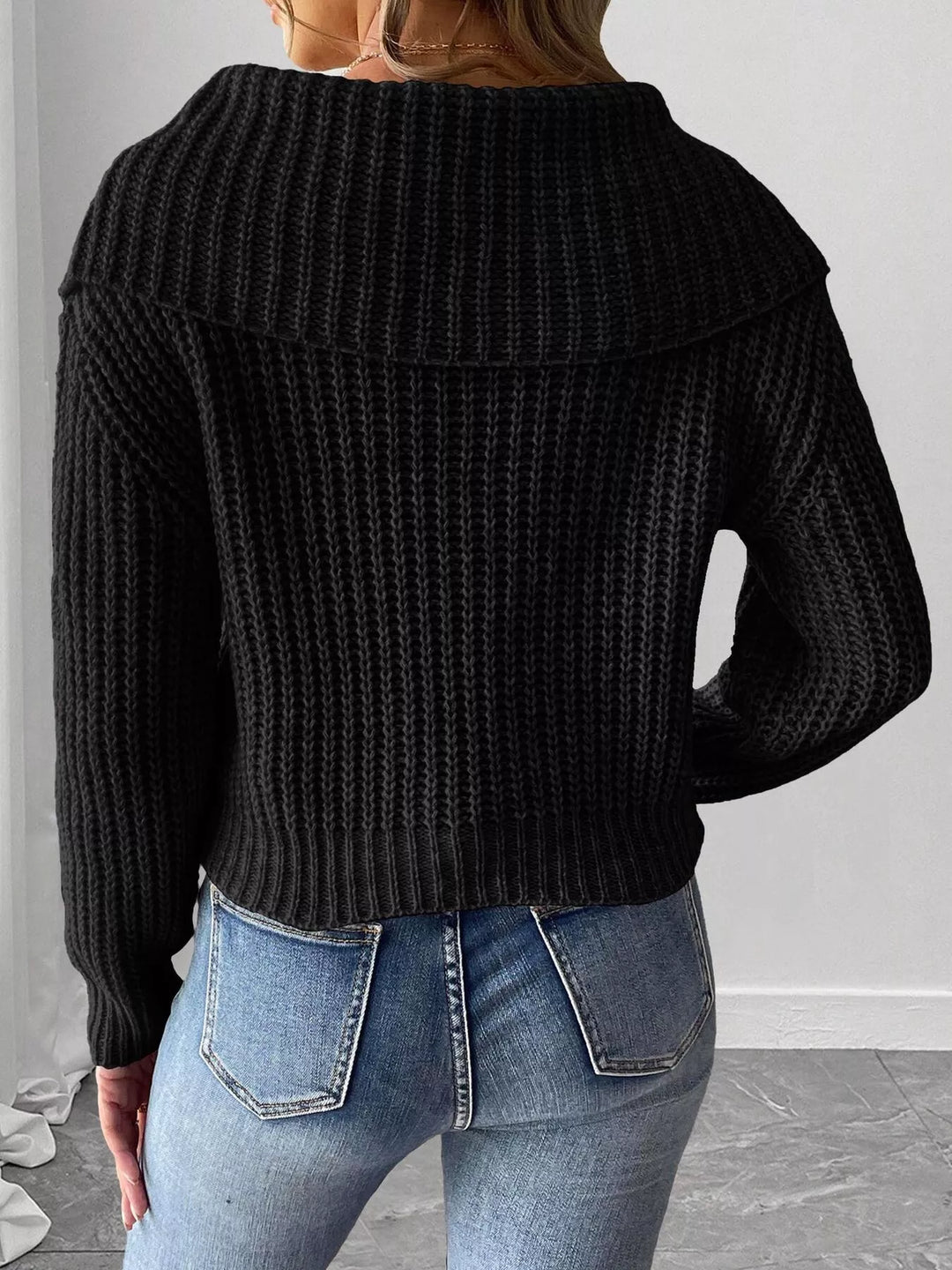Waffle knit foldover collar sweater with contrast bow