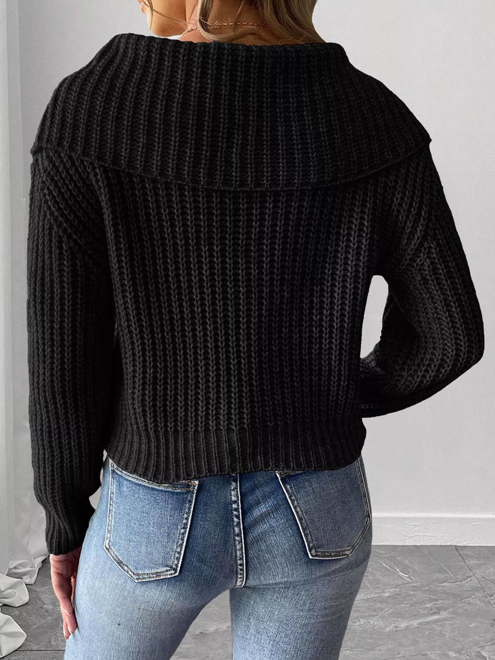 Waffle knit foldover collar sweater with contrast bow