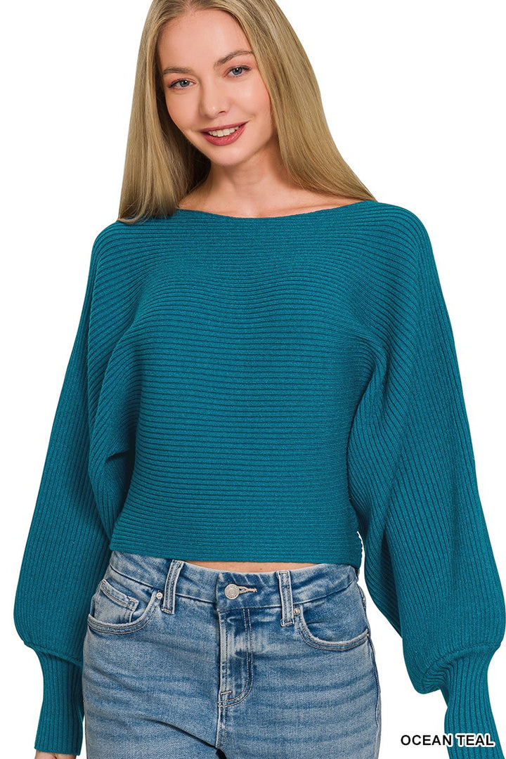 OCEAN TEAL Ribbed knit boat neck sweater with balloon sleeves