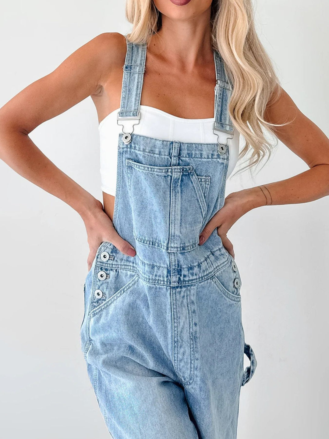 Wide-strap relaxed fit denim overalls with utility pockets