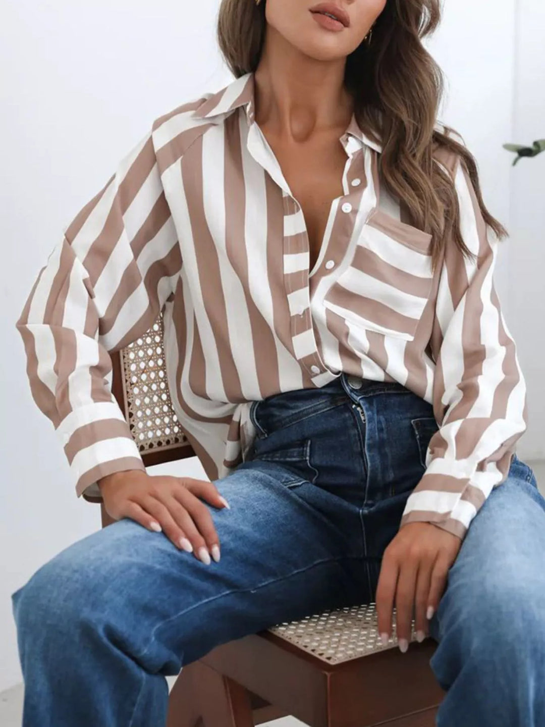 Striped long-sleeve button-down shirt with chest pocket