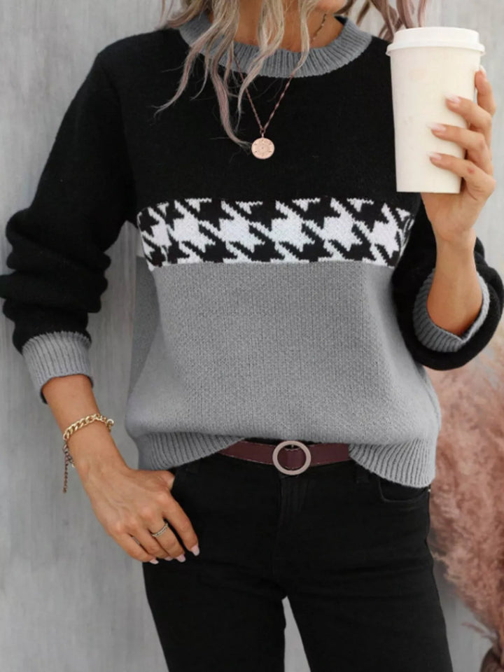 Color block houndstooth crew neck sweater