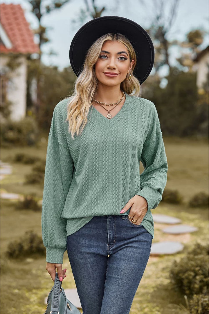 Sage Textured knit V-neck top with dropped shoulders