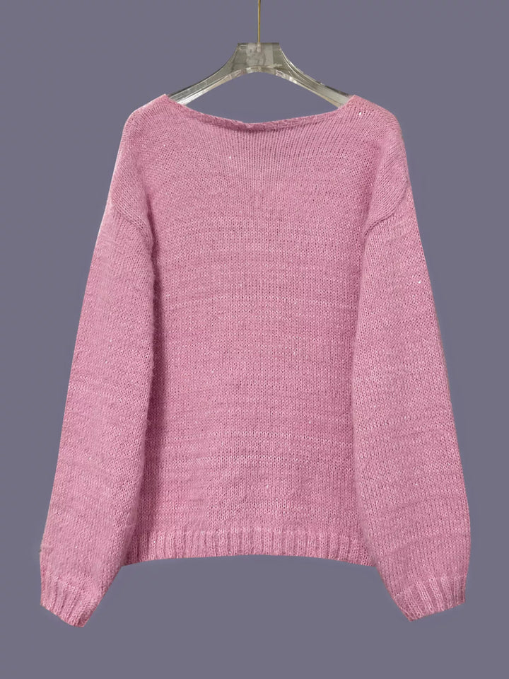 Fuzzy sequin knit V-neck pullover sweater