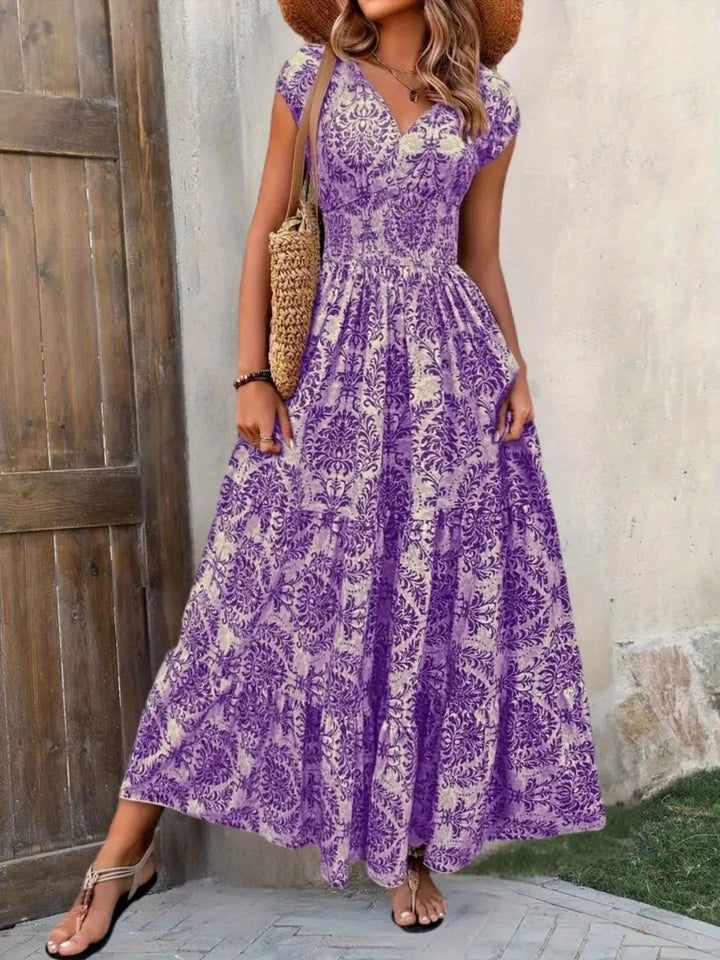 Purple Flower Smocked tiered maxi dress with cap sleeves and side slit
