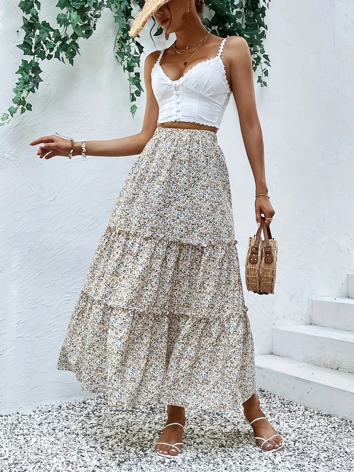 Tiered ruffle maxi skirt with all-over floral print