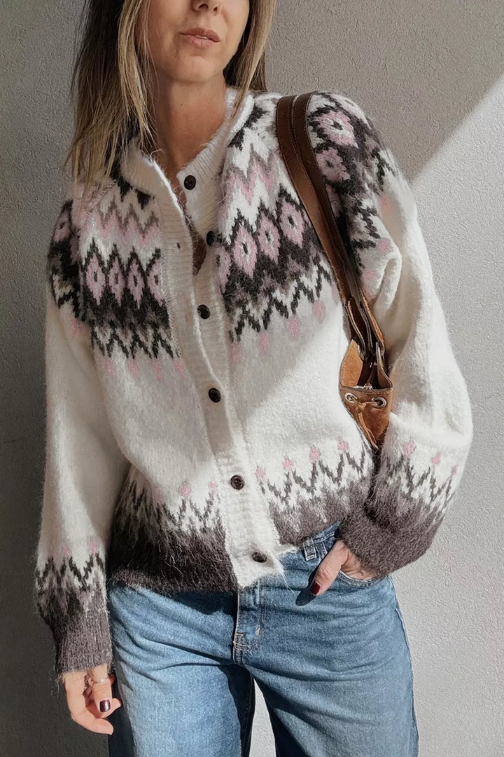 White Fair isle brushed knit button-front cardigan