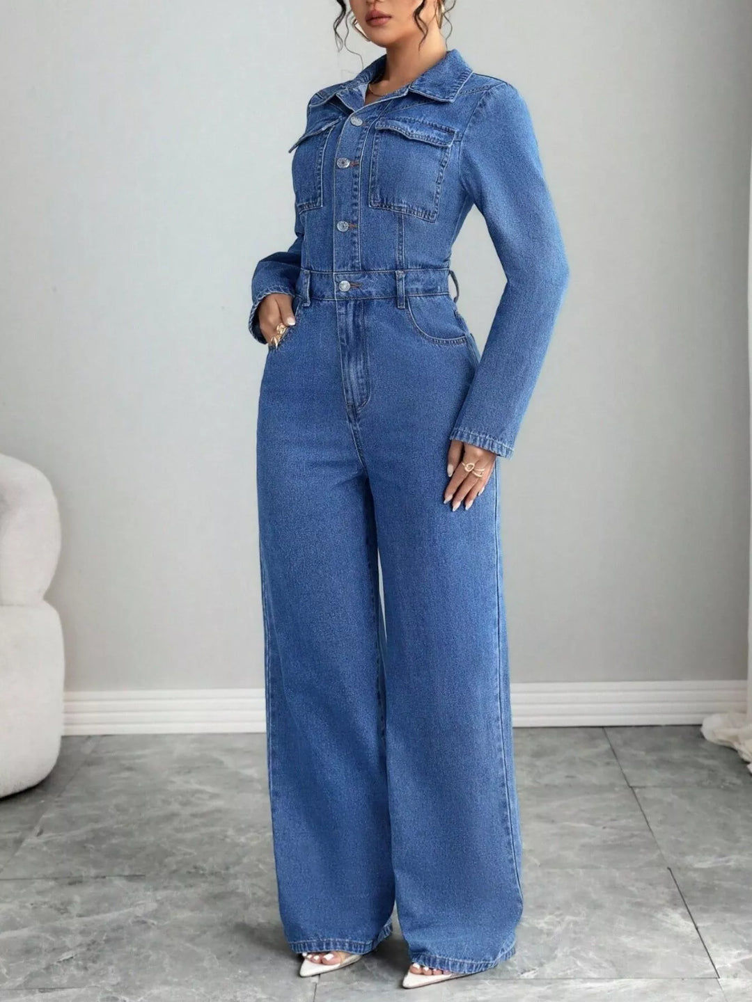 Button front wide leg denim jumpsuit with collar
