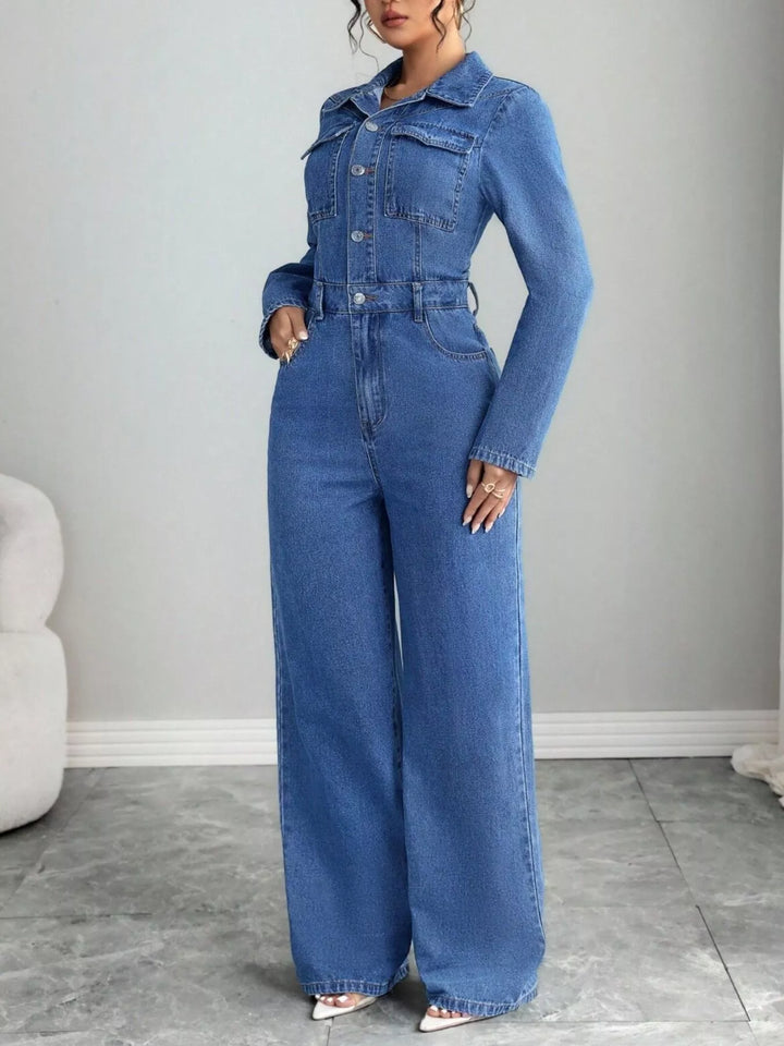 Button front wide leg denim jumpsuit with collar