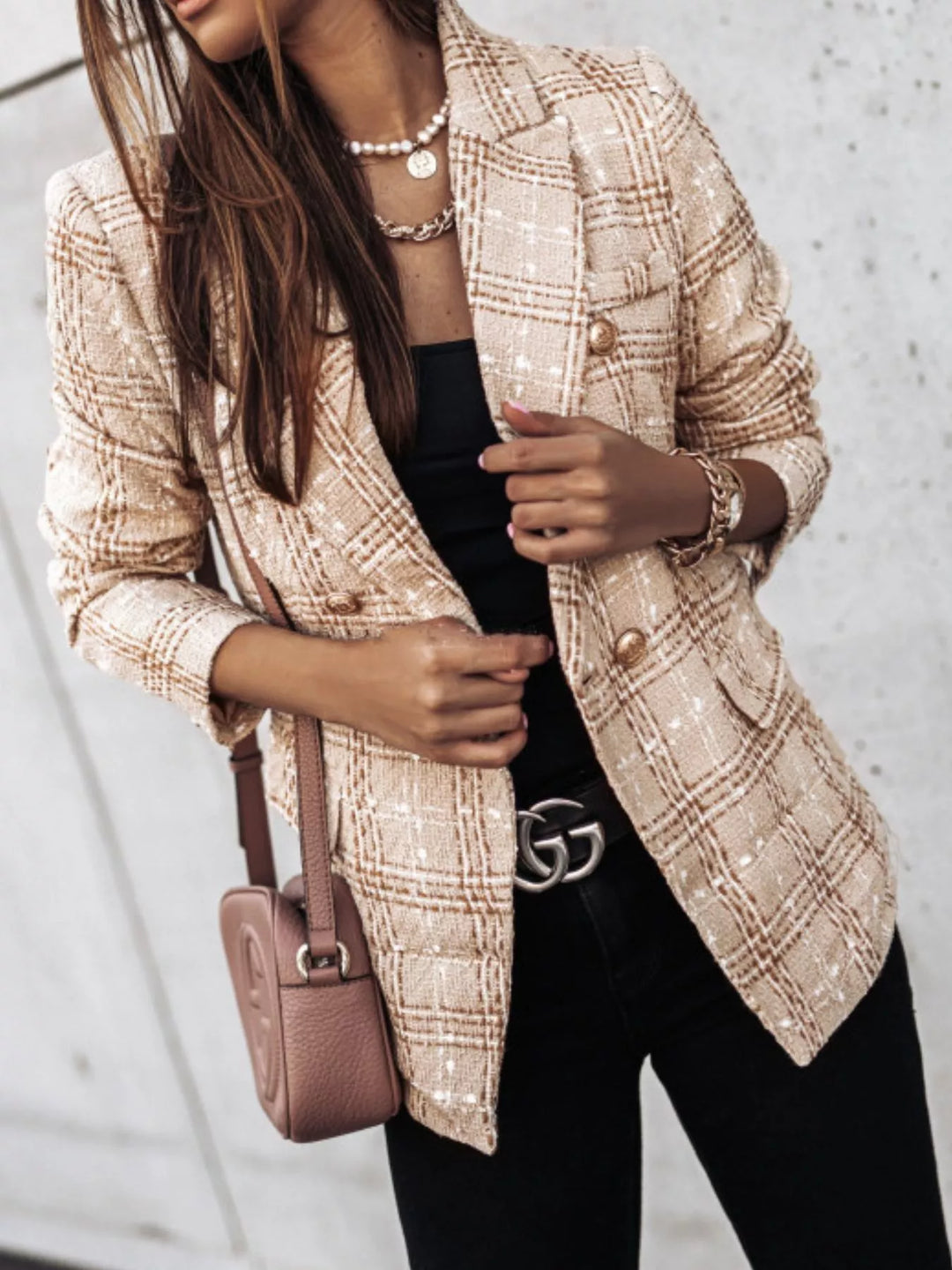 Khaki Plaid tweed double-breasted blazer with gold buttons