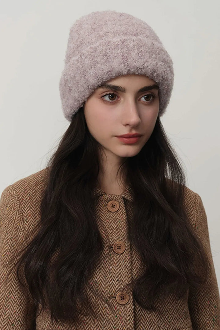 Mauve Fuzzy brushed knit cuffed beanie with slouchy crown