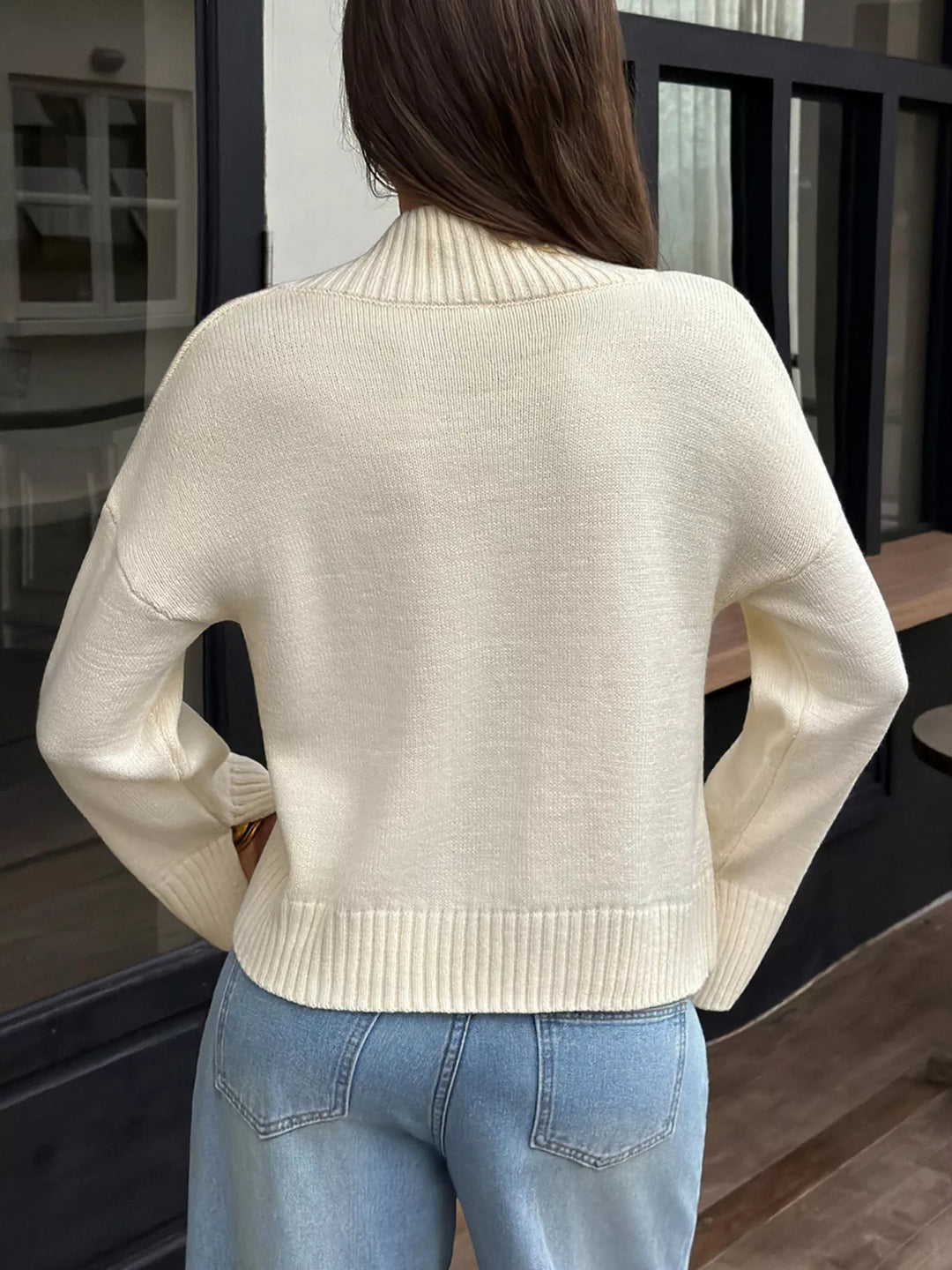 Mock neck dropped shoulder knit pullover sweater