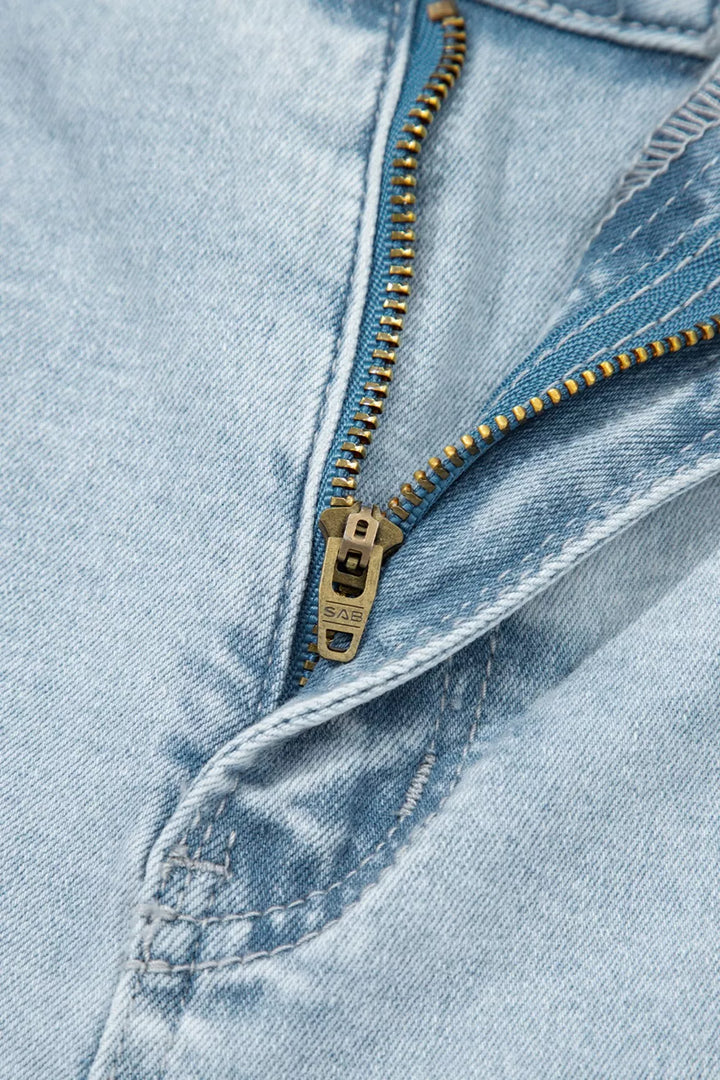 Utility pocket straight leg jeans with raw hem