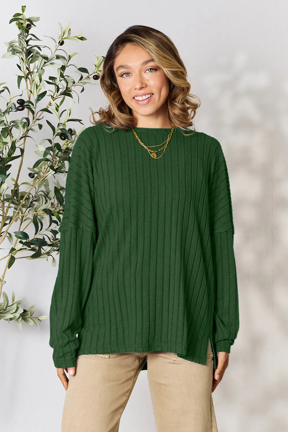 Ribbed knit round neck tunic top with side slits