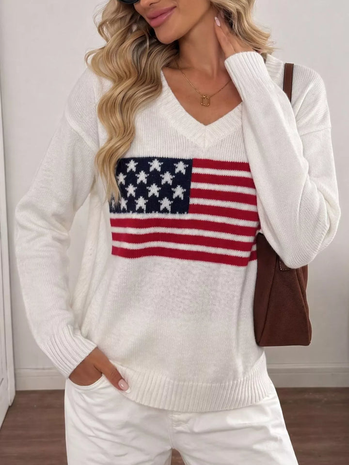 White American flag knit V-neck sweater with ribbed trim