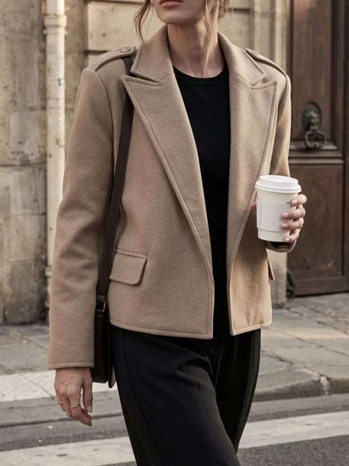 Beige Notch lapel cropped jacket with epaulettes and flap pockets