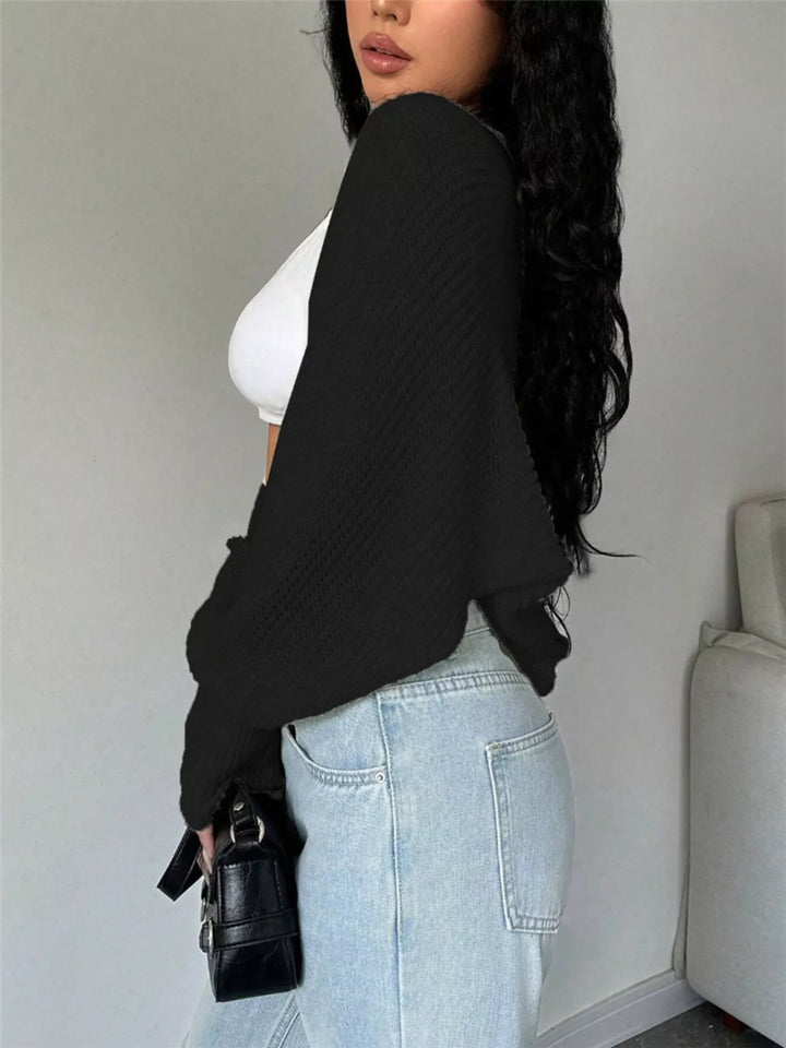 Cropped ribbed knit open-front cardigan with balloon sleeves