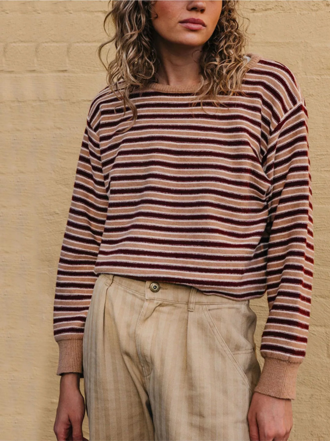 Striped ribbed knit crew neck sweater with drop shoulders