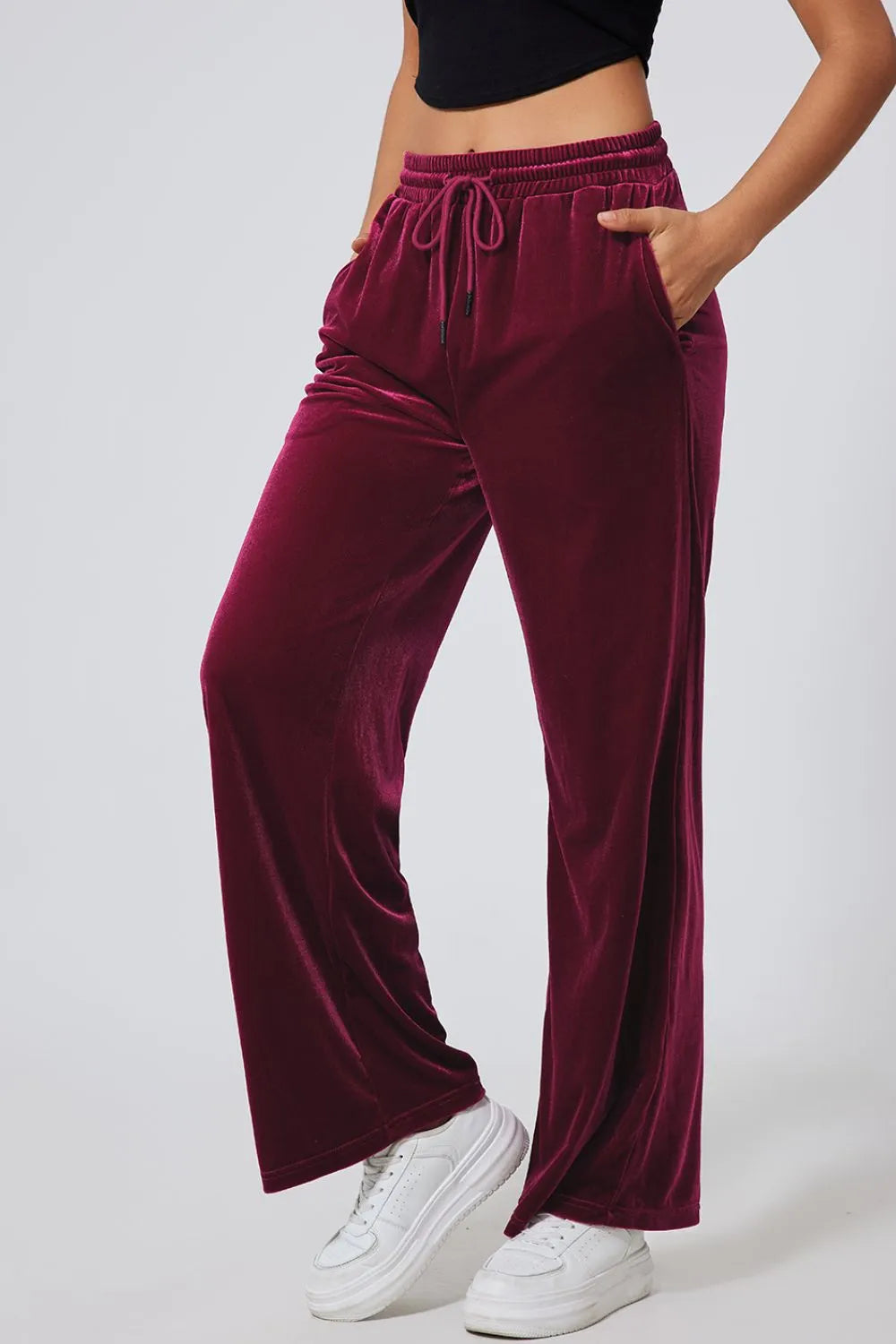 Velvet wide-leg drawstring pants with side pockets
