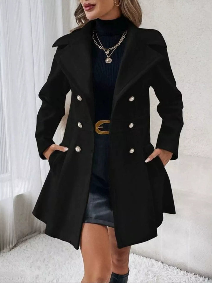 Black Double-breasted peplum coat with notch lapels and pockets