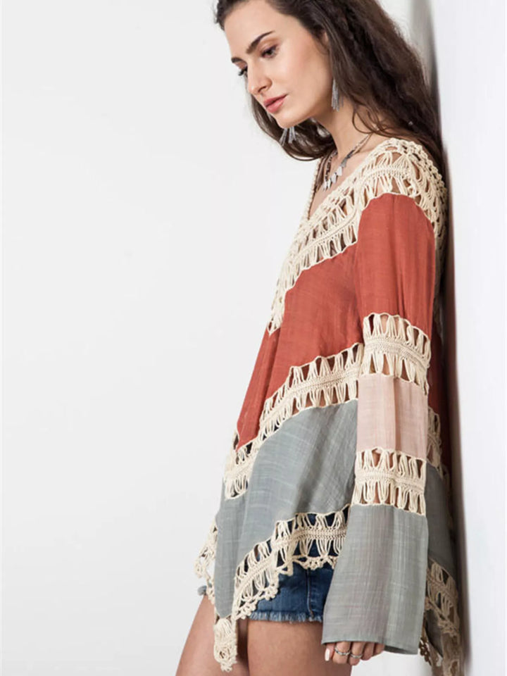 Crochet trim color block long sleeve beach cover-up