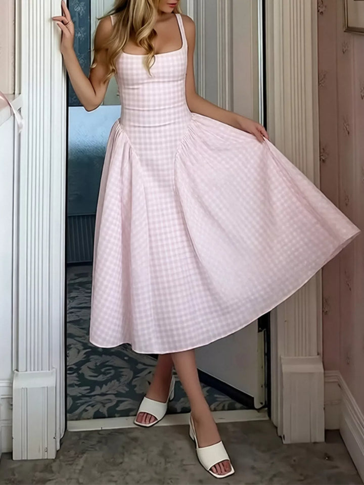 Blush Pink Plaid square-neck sleeveless fit-and-flare midi dress