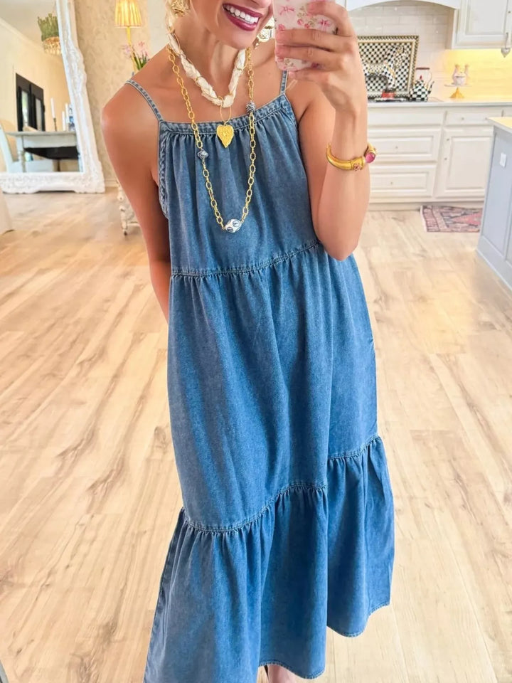 Spaghetti strap tiered ruffle hem denim midi dress