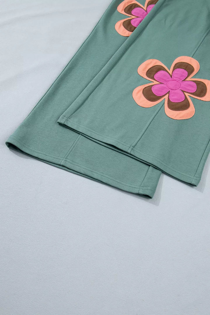 Floral appliqué wide-leg drawstring pants
