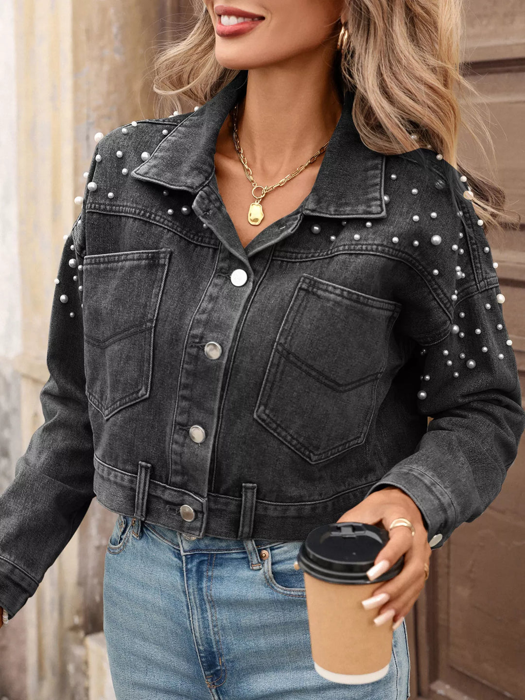 Pearl-embellished cropped denim jacket with patch pockets