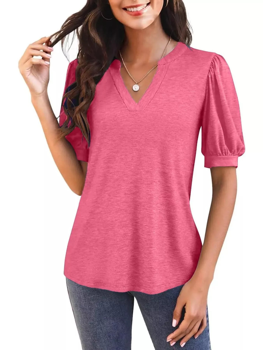 Rose Pink Short puff sleeve notched V-neck casual tee