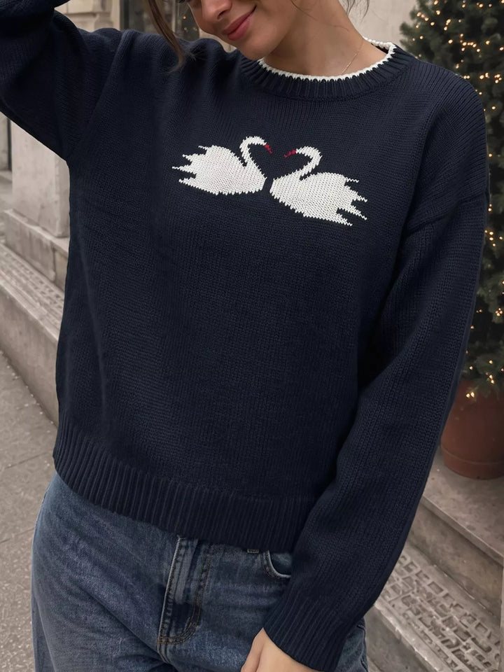 Swan intarsia drop-shoulder knit sweater with contrast trim