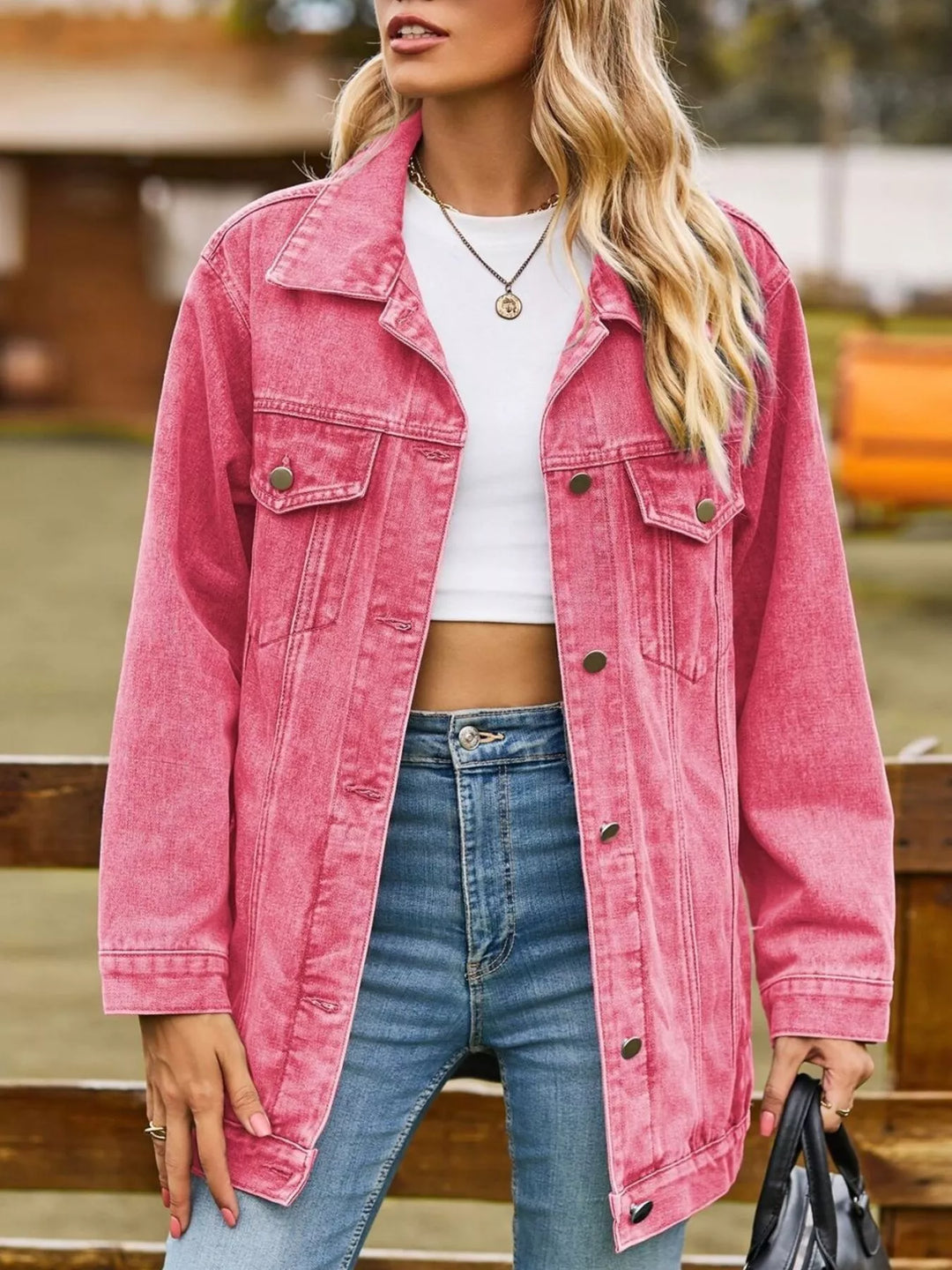 Oversized washed denim jacket with flap pockets