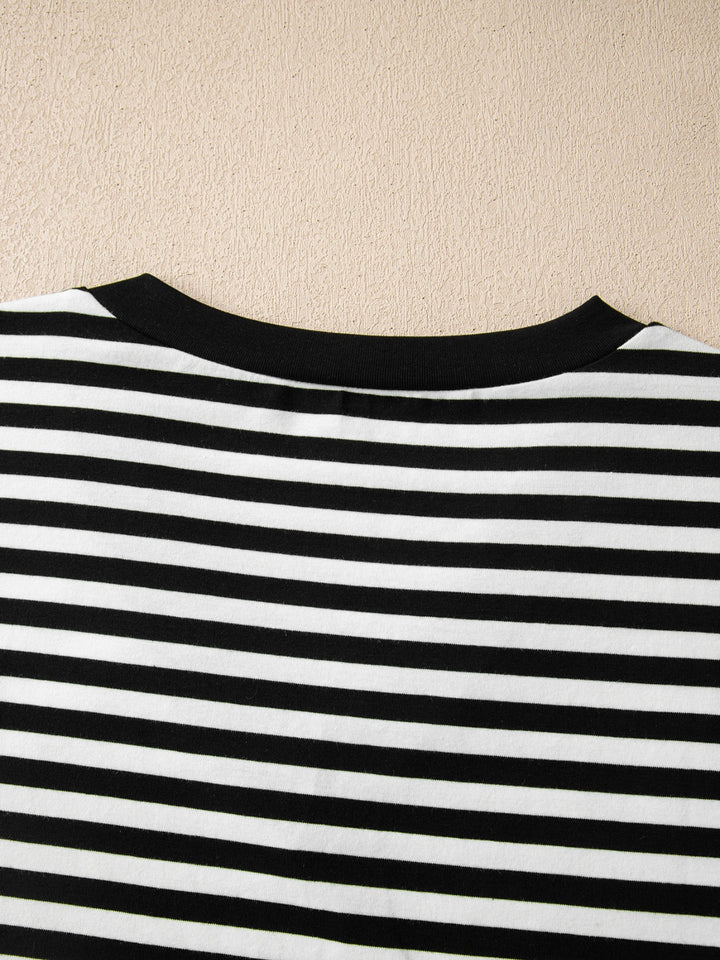 Striped v-neck tee with scalloped lace-trim sleeves