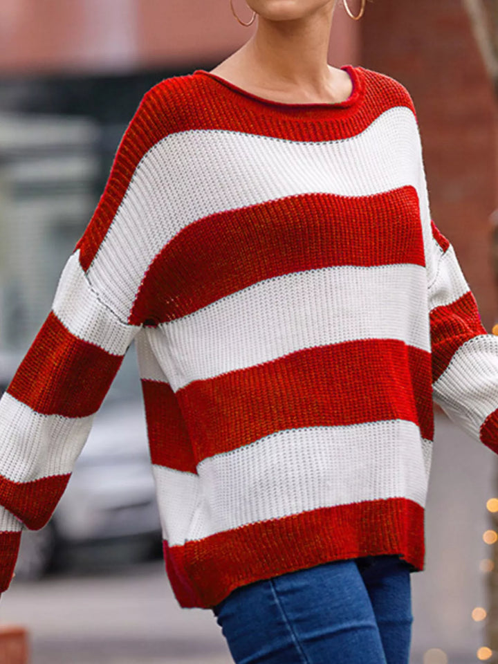 Oversized striped ribbed knit crew neck sweater