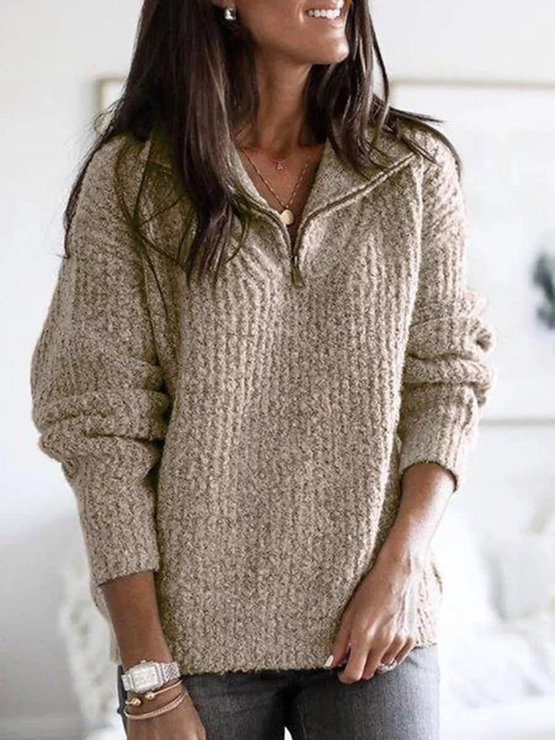 Khaki Half-zip ribbed textured knit pullover sweater