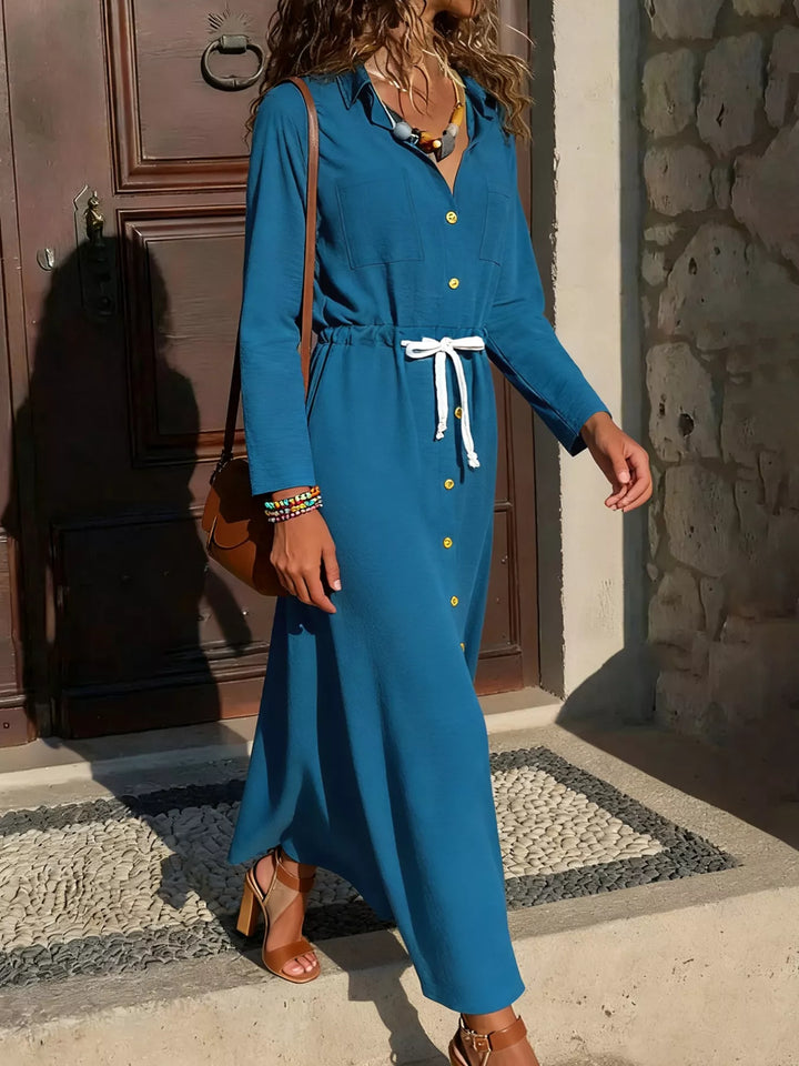 French Blue Button-down maxi shirt dress with drawstring waist