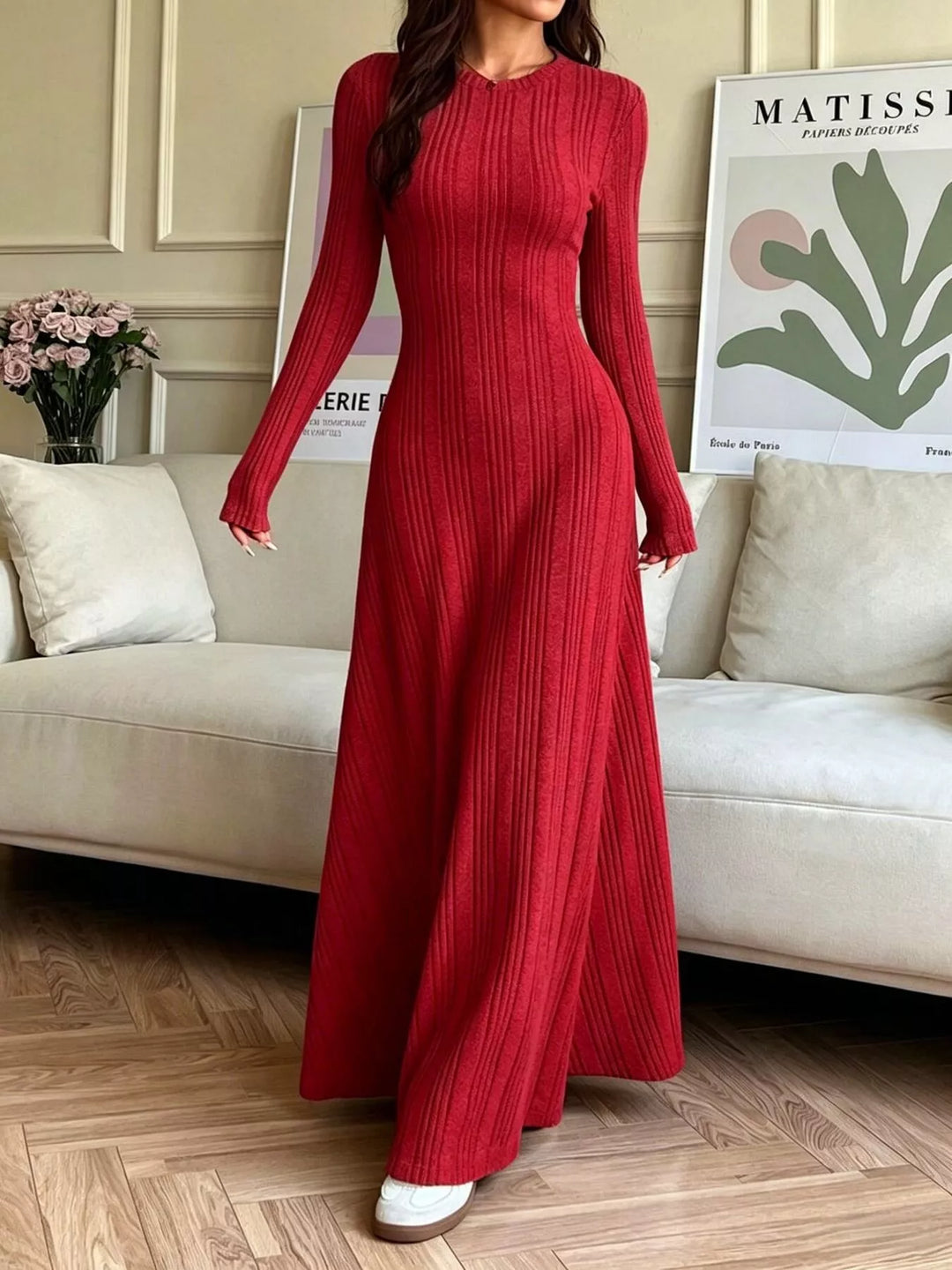Deep Red Ribbed knit long sleeve maxi dress with flared skirt