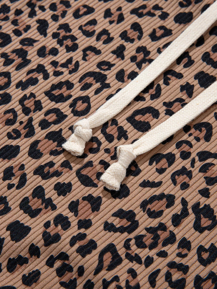 Ribbed leopard print half-zip hoodie with contrast hood