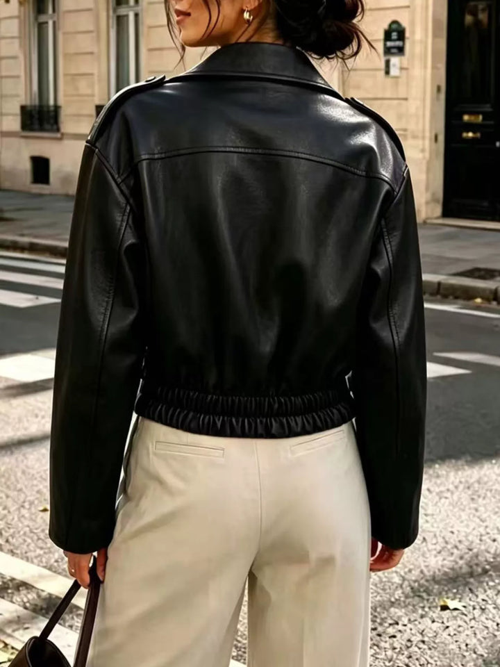 Cropped faux leather moto jacket with asymmetric zip
