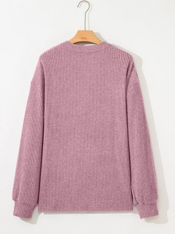 Ribbed drop-shoulder henley top with wood buttons