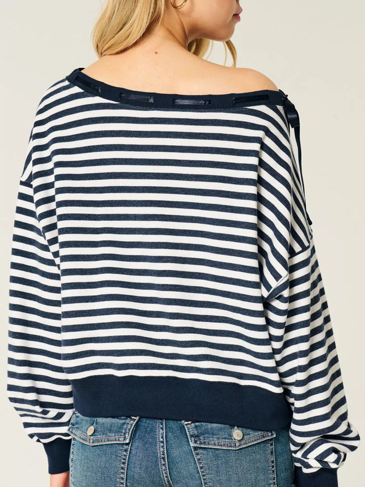 Striped off-shoulder sweatshirt with ribbon tie