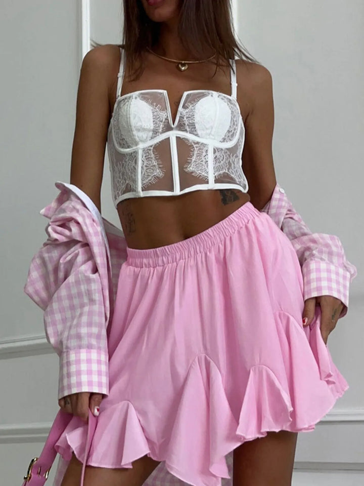 Ruffled hem flare mini skirt with elastic waist