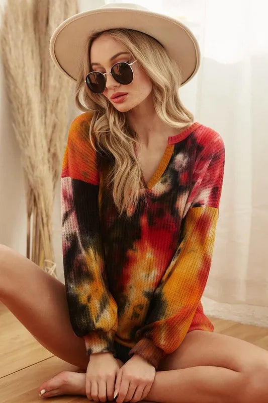 Tie-dye brushed waffle knit top with bubble sleeves
