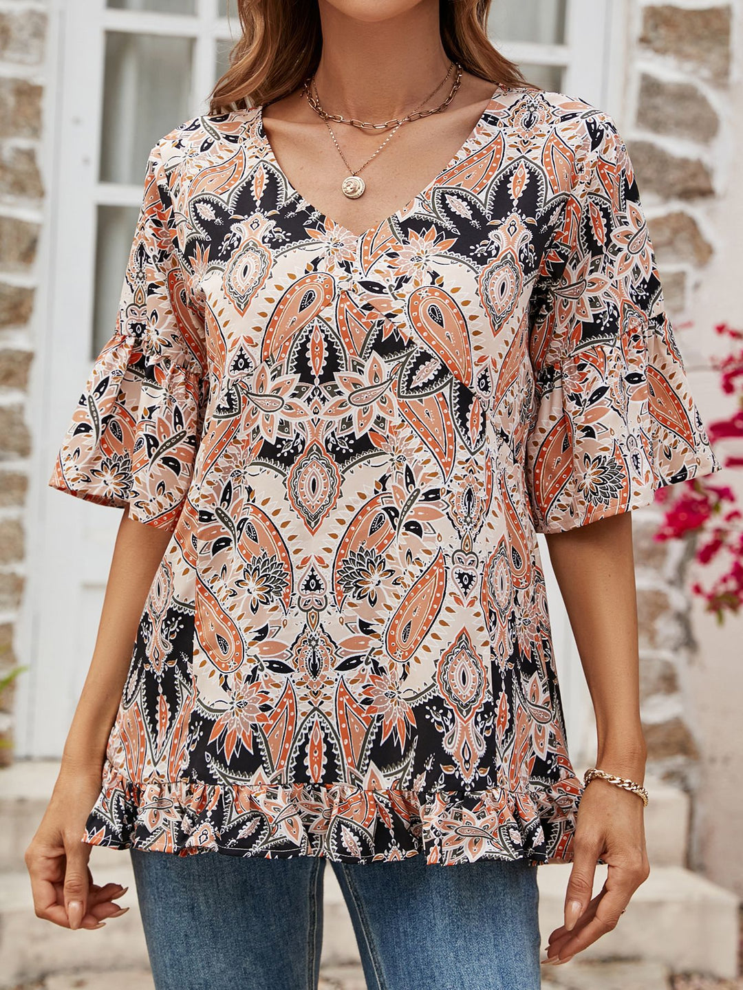 Tangerine Paisley print flounce sleeve ruffle hem blouse