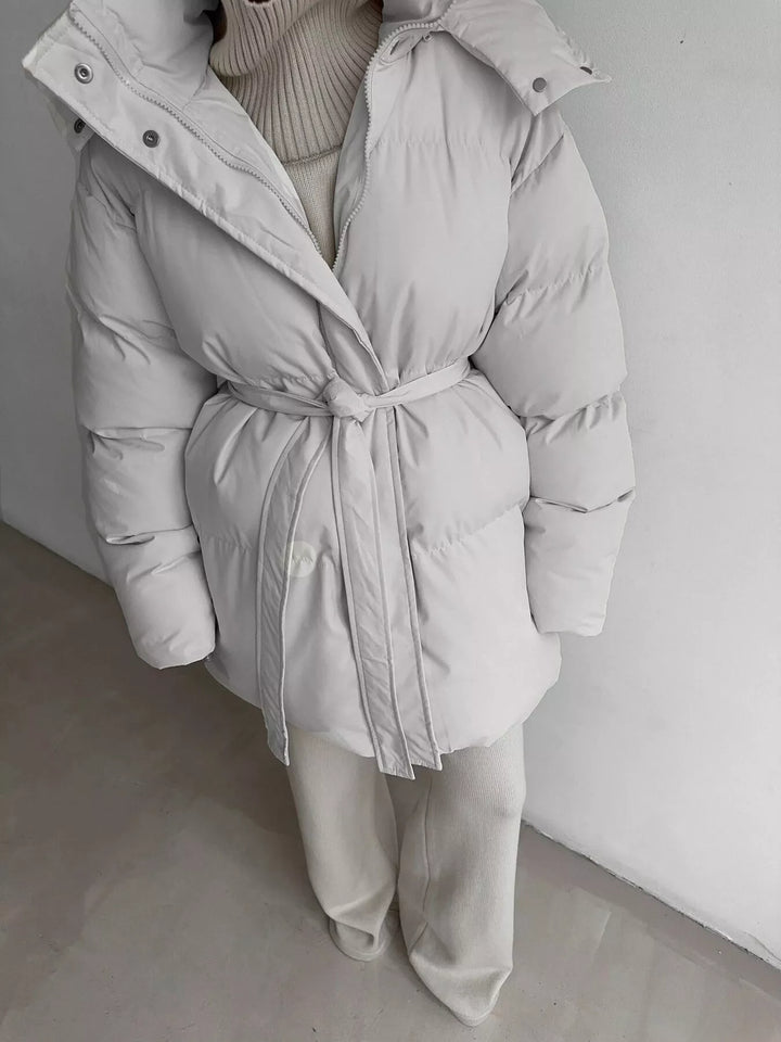 Ivory White Belted puffer winter coat with snap-off hood