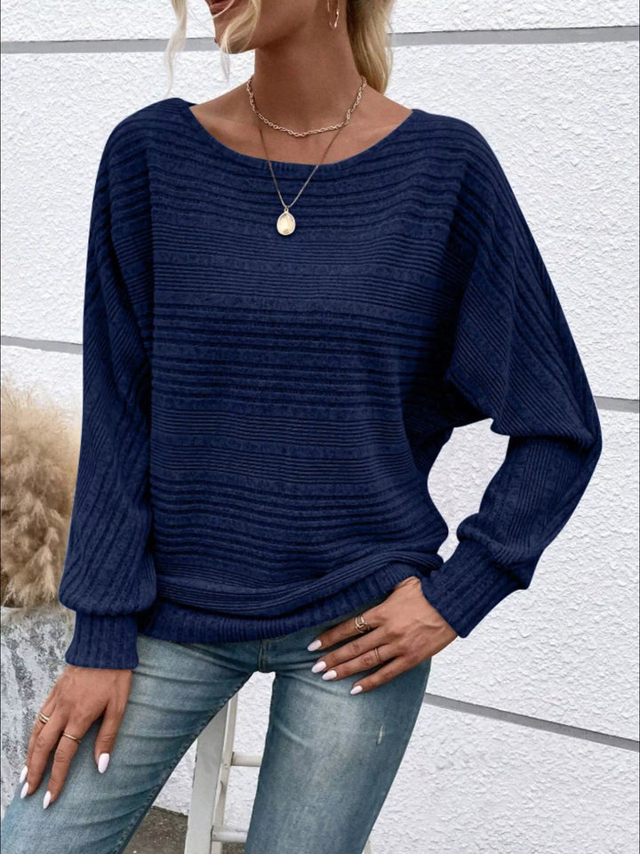 Navy Blue Ribbed knit long sleeve top with dolman sleeves