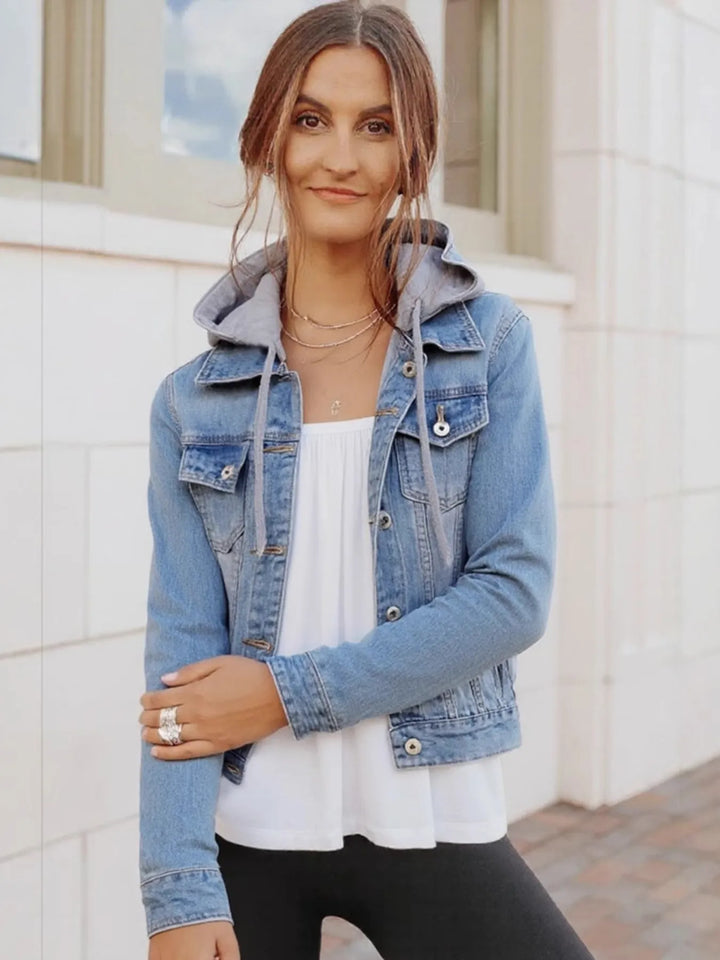 Hooded denim jacket with button-up front and drawstring